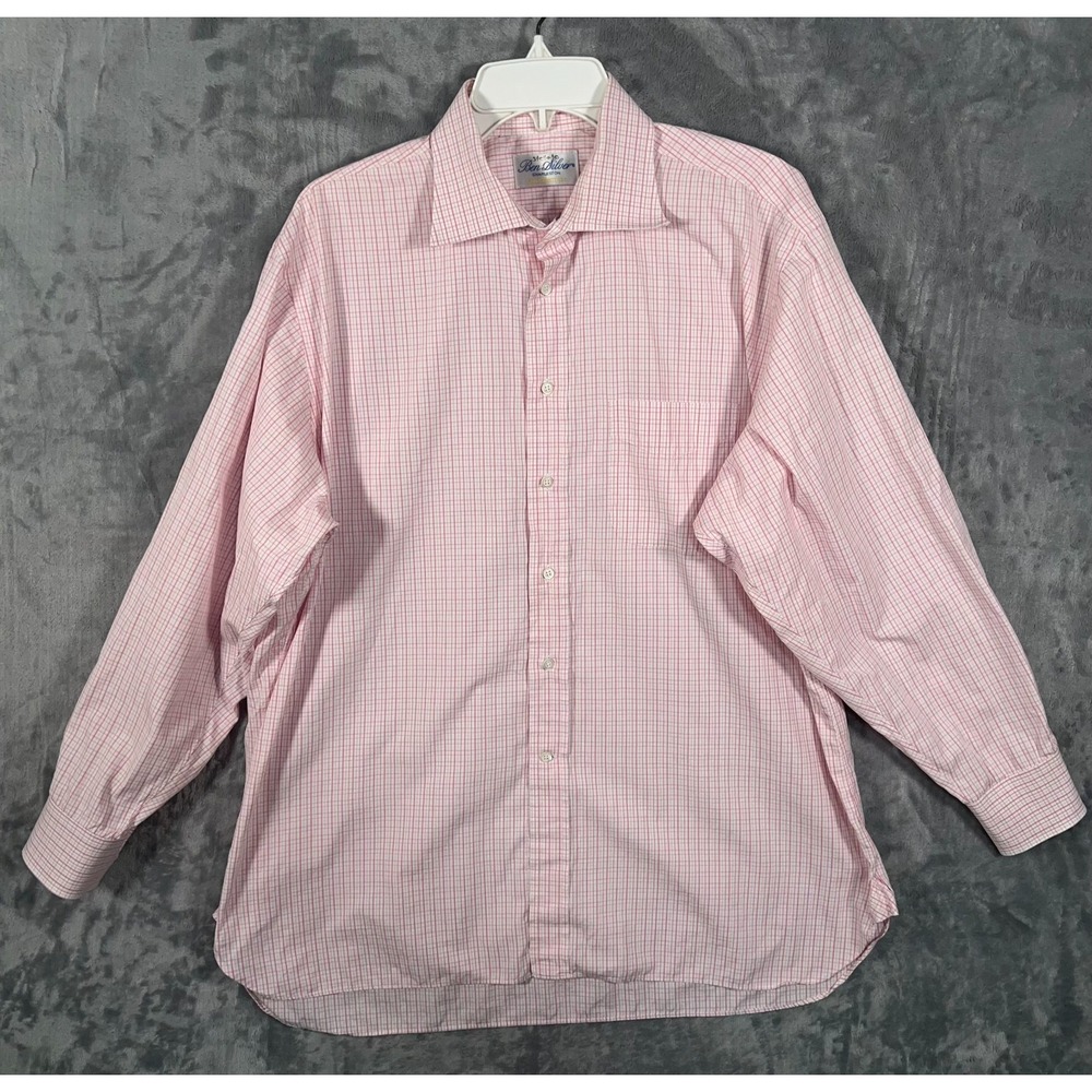 Ben Silver Pink Dress Shirt Mens 17.5 34 Button Up Long Sleeve Gingham Check USA